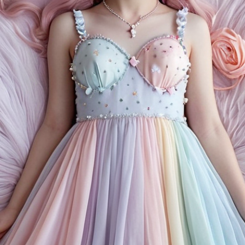 Home 11 **
"A flowing pastel dress inspired by Little Twin Stars, soft colors, romantic and innocent aesthetic, paired with delicate white or silver accessories. Focus on the dress and accessories, emphasizing the dreamy pastel color palette."
**
